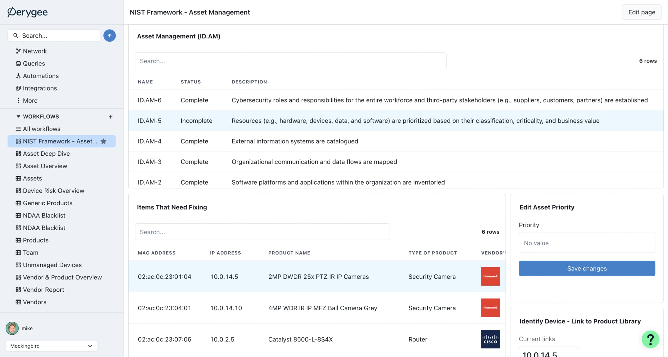 A 'NIST Framework - Asset Management' dashboard in Perygee's platform showing an 'ID.AM' table with complete/incomplete statuses