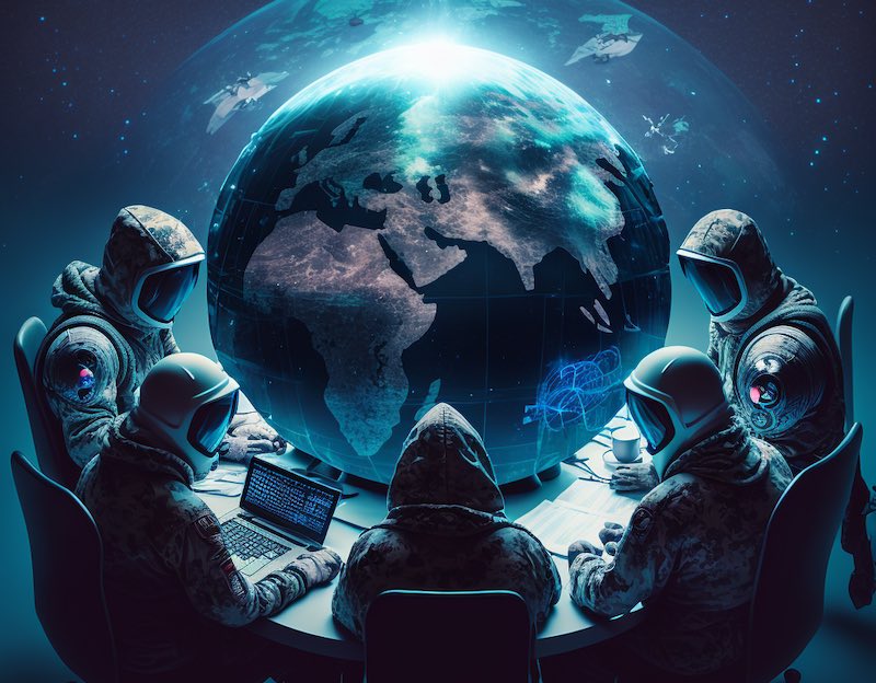 A team of people in space suits working on computers surrounding a model of the Earth.