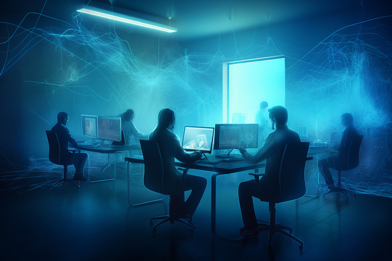 A blue-tinted office with people working on computers