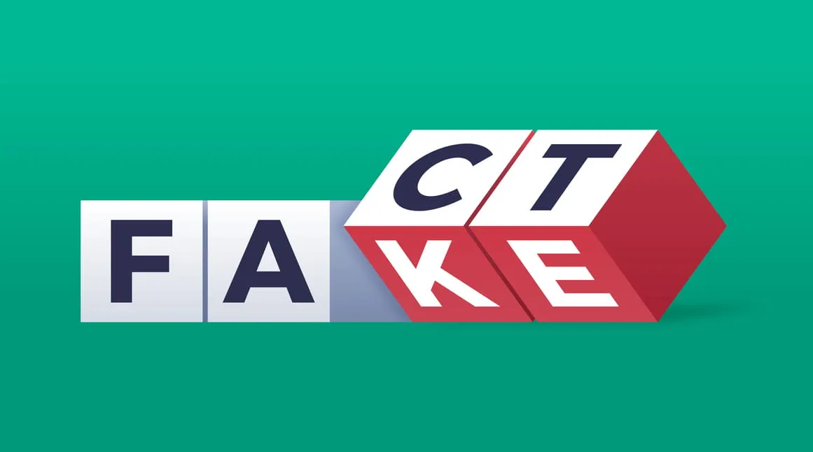 Four blocks combining to reveal a word. The first two blocks show the letters 'F', and 'A.' The second two blocks are tilted to show 'C' and 'T' or 'K' and 'E,' spelling 'FACT' or 'FAKE'