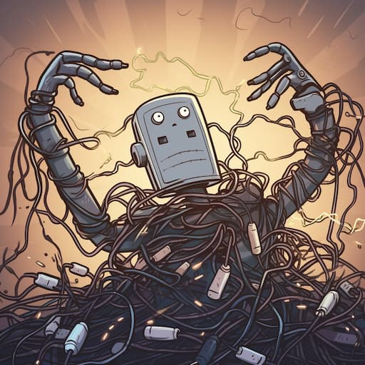 An overwhelemed robot being entangled in wires