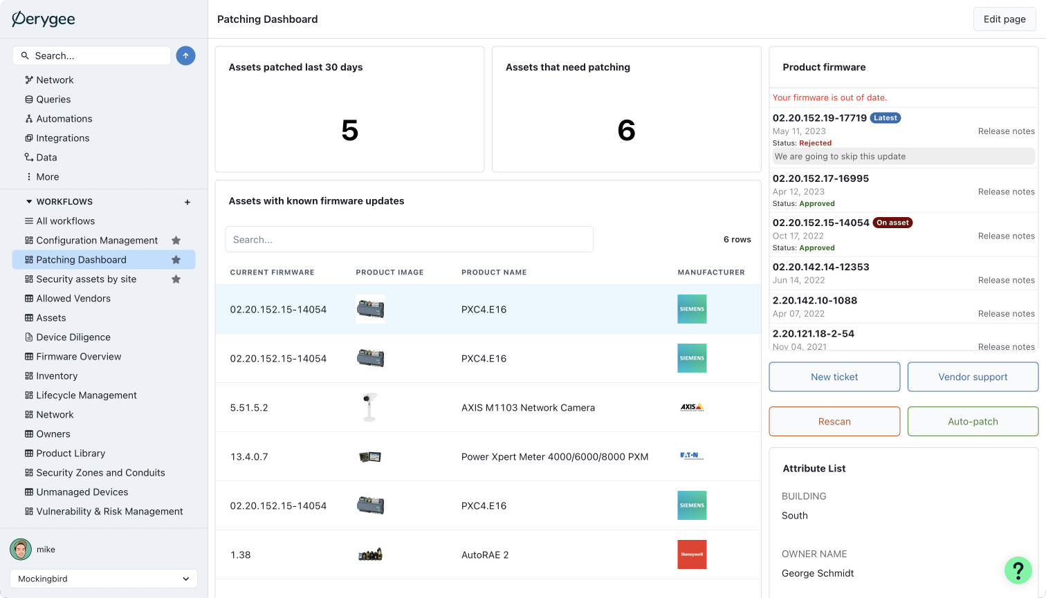 A 'Patching Dashboard' in Perygee's platform showing asset-specific firmware update and patching information