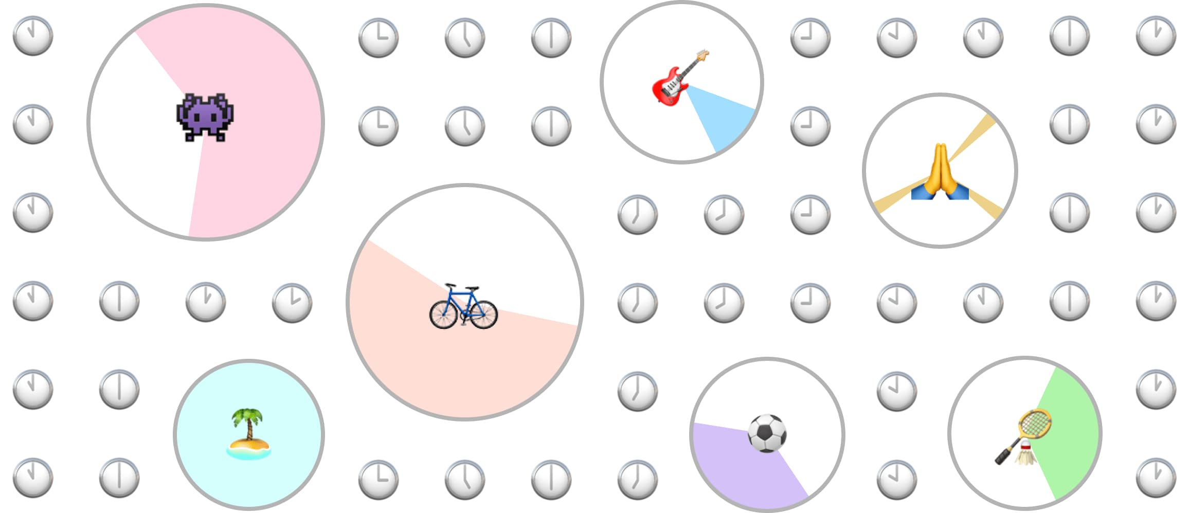 A background of clocks with various emojis representing time spent doing activities