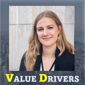 A portrait of Perygee's CEO, Mollie Breen, with the Value Drivers logo underneath